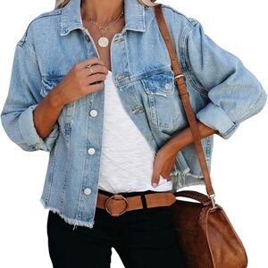 Amazon Blue Cropped Jean Denim Frayed Hem Jean Jacket